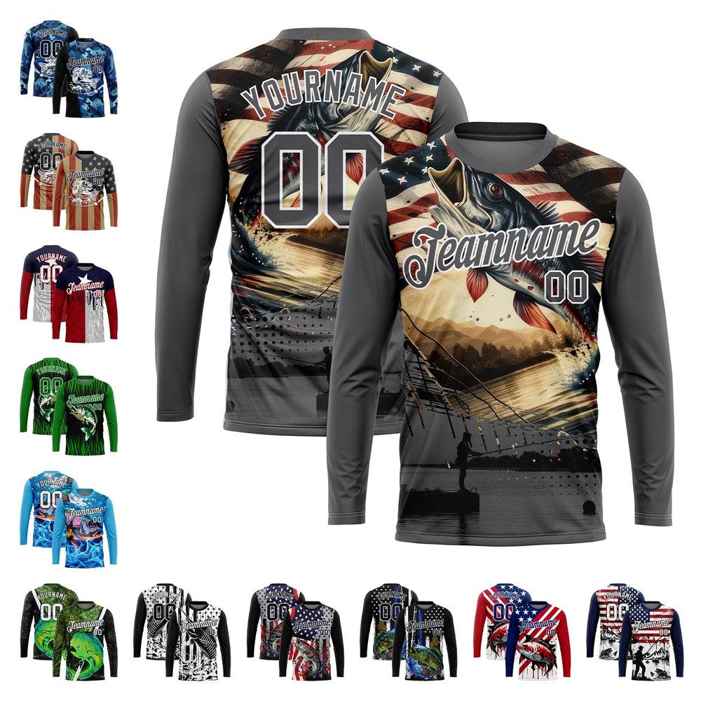 Customized Steel Gray Novelty Fishing T Shirts, Personalized Crewneck Long Sleeve Cool Fish Graphic Printed Tees for Men Boys Outdoor Enthusiasts Sports Fan Jersey Sun Protection Performance T-Shirt