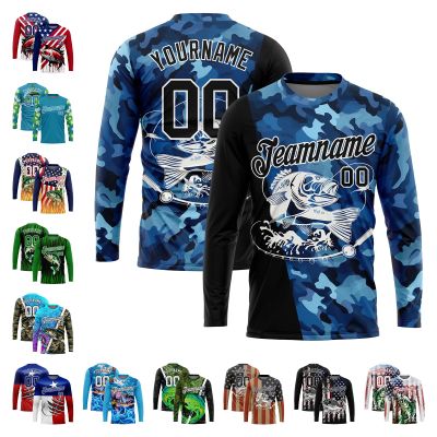 Custom Mens Fishing Shirts, Personalized Blue Camo and Black Two Tone Long Sleeve Performance T-Shirt with Fishing Graphic Tees, Team Sports Tees with Name Number for Company Club Print on Demand