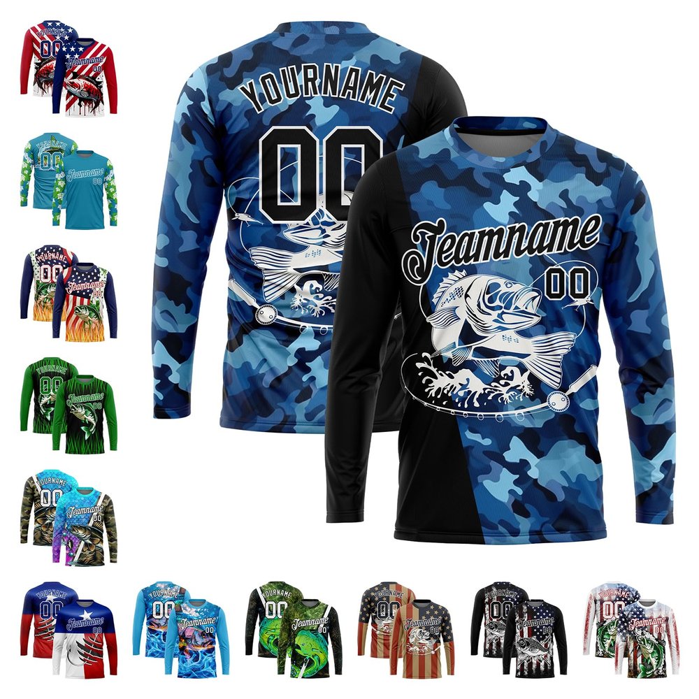 Custom Mens Fishing Shirts, Personalized Blue Camo and Black Two Tone Long Sleeve Performance T-Shirt with Fishing Graphic Tees, Team Sports Tees with Name Number for Company Club Print on Demand