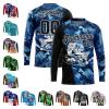 Custom Mens Fishing Shirts, Personalized Blue Camo and Black Two Tone Long Sleeve Performance T-Shirt with Fishing Graphic Tees, Team Sports Tees with Name Number for Company Club Print on Demand view 1