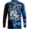 Custom Mens Fishing Shirts, Personalized Blue Camo and Black Two Tone Long Sleeve Performance T-Shirt with Fishing Graphic Tees, Team Sports Tees with Name Number for Company Club Print on Demand view 2