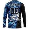 Custom Mens Fishing Shirts, Personalized Blue Camo and Black Two Tone Long Sleeve Performance T-Shirt with Fishing Graphic Tees, Team Sports Tees with Name Number for Company Club Print on Demand view 3