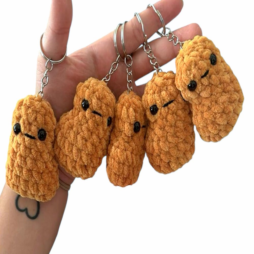 Hoshimi Slimes LLC Kawaii Handmade Crocheted Chicken Nugget Keychain Soft Polyester Yarn, Cute Quirky Mini Plush, Emotional Support Gift