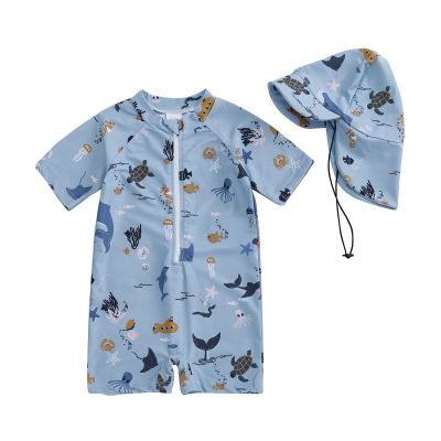 Hnyenmcko Infant Baby Boy Girls Rash Guard Swimsuit Short Sleeve Zipper Bathing Suit Toddler One Piece Swimwear Sunsuit (Fi-Blue af, 1-2 Years)