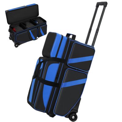 Cxinesbag 3 Ball Bowling Bags With Wheels,Bowling Bags 3 Ball Roller With Shoes Compartment And Multiple Pockets,3 Ball Bowling Bag has Retractable Handle Extends to 41.5 in (blue)