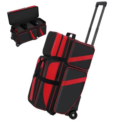 Cxinesbag 3 Ball Bowling Bags With Wheels,Bowling Bags 3 Ball Roller With Shoes Compartment And Multiple Pockets,3 Ball Bowling Bag has Retractable Handle Extends to 41.5 in (red)