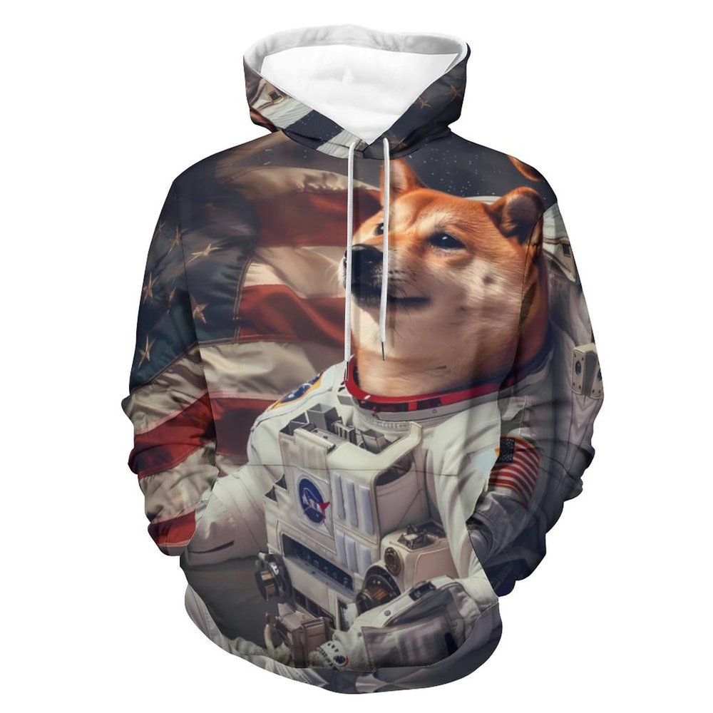 US Astronaut Dog Shiba Inu Adult Hoodies Casual Sweatshirt Long Sleeve Pullover Hooded with Pockets for Women Men M