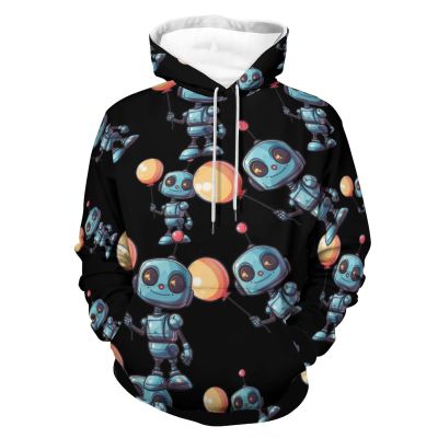 Cute Retro Robot Holding Balloon Adult Hoodies Casual Sweatshirt Long Sleeve Pullover Hooded with Pockets for Women Men 3XL