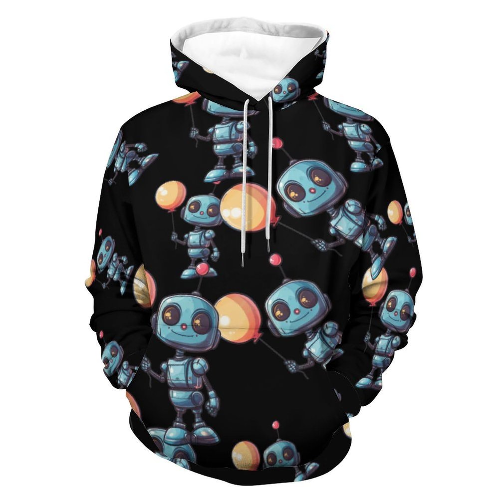 Cute Retro Robot Holding Balloon Adult Hoodies Casual Sweatshirt Long Sleeve Pullover Hooded with Pockets for Women Men 3XL