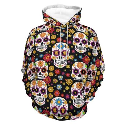 Mexican Skulls Pattern Adult Hoodies Casual Sweatshirt Long Sleeve Pullover Hooded with Pockets for Women Men M