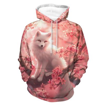 Animal White Fox On Cherry Flowers Adult Hoodies Casual Sweatshirt Long Sleeve Pullover Hooded with Pockets for Women Men S