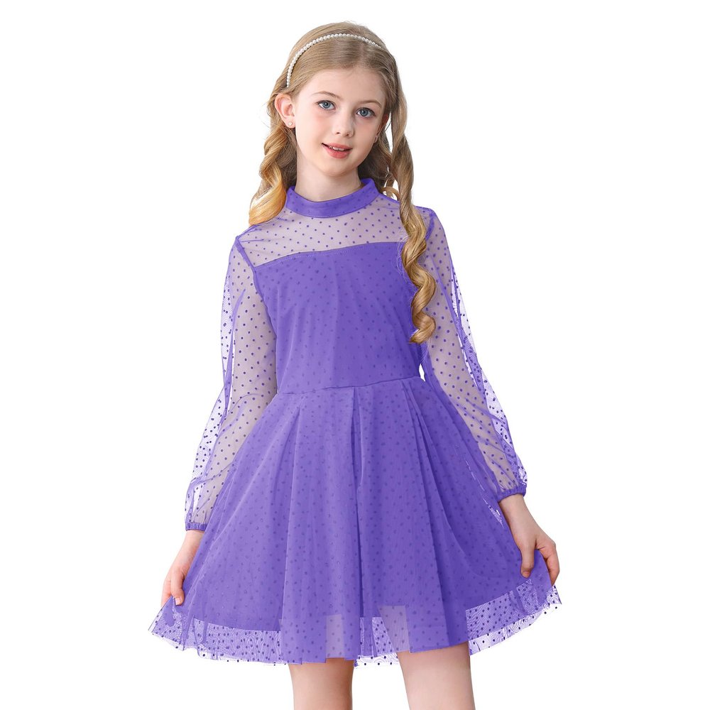 Durio Purple Dress Polka Dots Mesh Long Sleeve High Waist Dresses Fall Dresses Special Occasion Dresses Purple 7 Years