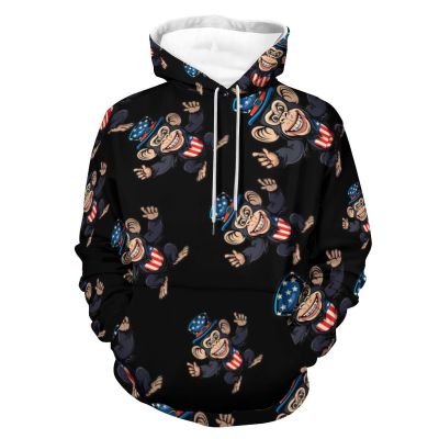 4th Of July Patriotic Chimpanzee Adult Hoodies Casual Sweatshirt Long Sleeve Pullover Hooded with Pockets for Women Men 3XL