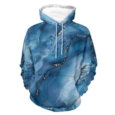 Marble Textured Design Blue Adult Hoodies Casual Sweatshirt Long Sleeve Pullover Hooded with Pockets for Women Men M