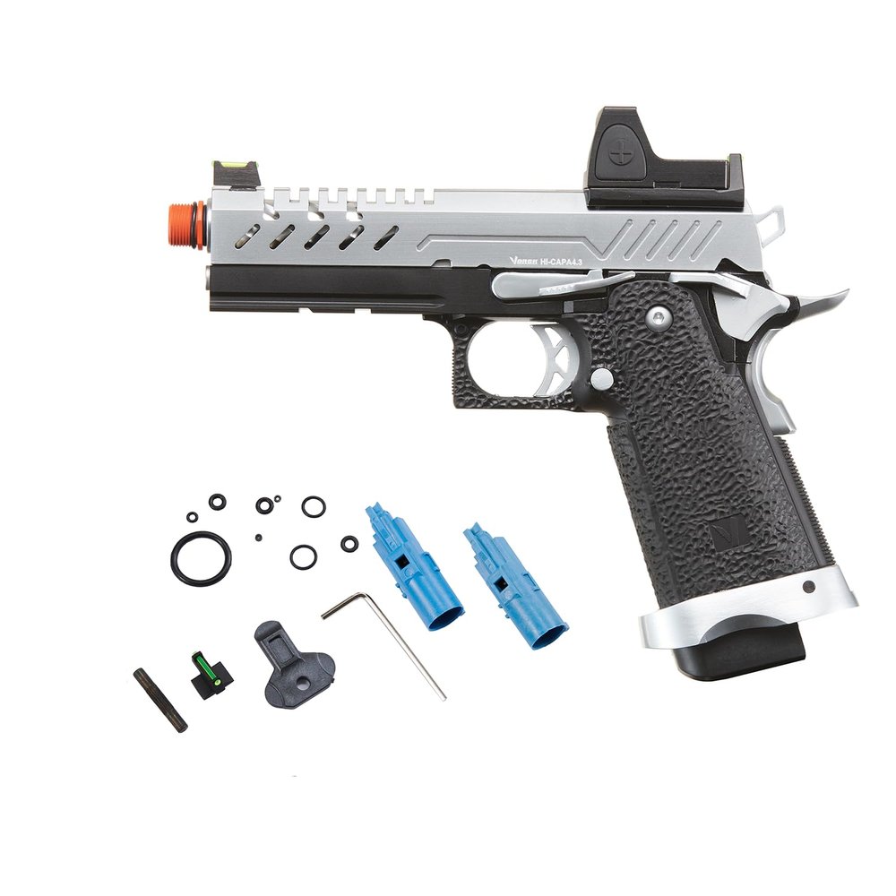 Vorsk Aluminium CNC Airsoft Hi-Capa 4.3 Gas Blowback Pistol w/Red Dot Sight (Black/Chrome)