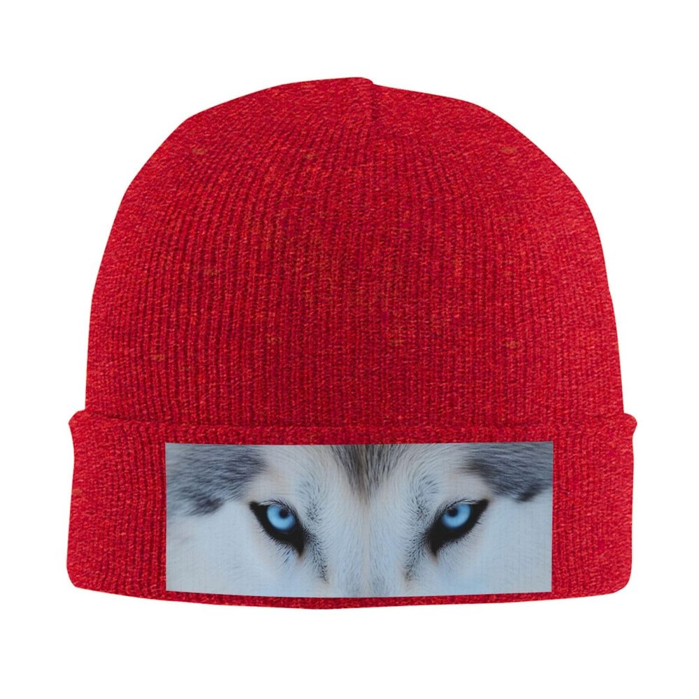 Blue Eyes Wolf Printd Knitted Hat Warm Winter Hats High Elasticity Personalized Knitted Hat Red