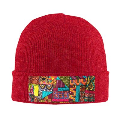 African Textile Patchwork Print Printd Knitted Hat Warm Winter Hats High Elasticity Personalized Knitted Hat Red