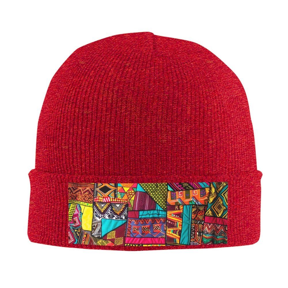 African Textile Patchwork Print Printd Knitted Hat Warm Winter Hats High Elasticity Personalized Knitted Hat Red