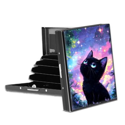 VACGBJPG Metal Credit Card Wallet, RFID Blocking Credit Card Holder with 6 Slot, Mini Slim Hard Card Case, Small ID Case for Women Men, Business Card Holders (Galaxy Black Cat)