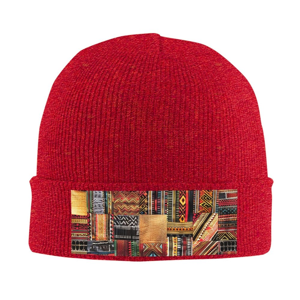 African Textile Patchwork Printd Knitted Hat Warm Winter Hats High Elasticity Personalized Knitted Hat Red