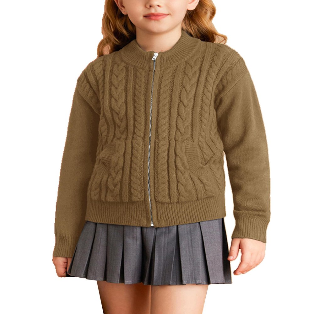 Cardigan for Girls Size 8-10 Long Sleeve Zipper Kids School Brown Sweater Jacket