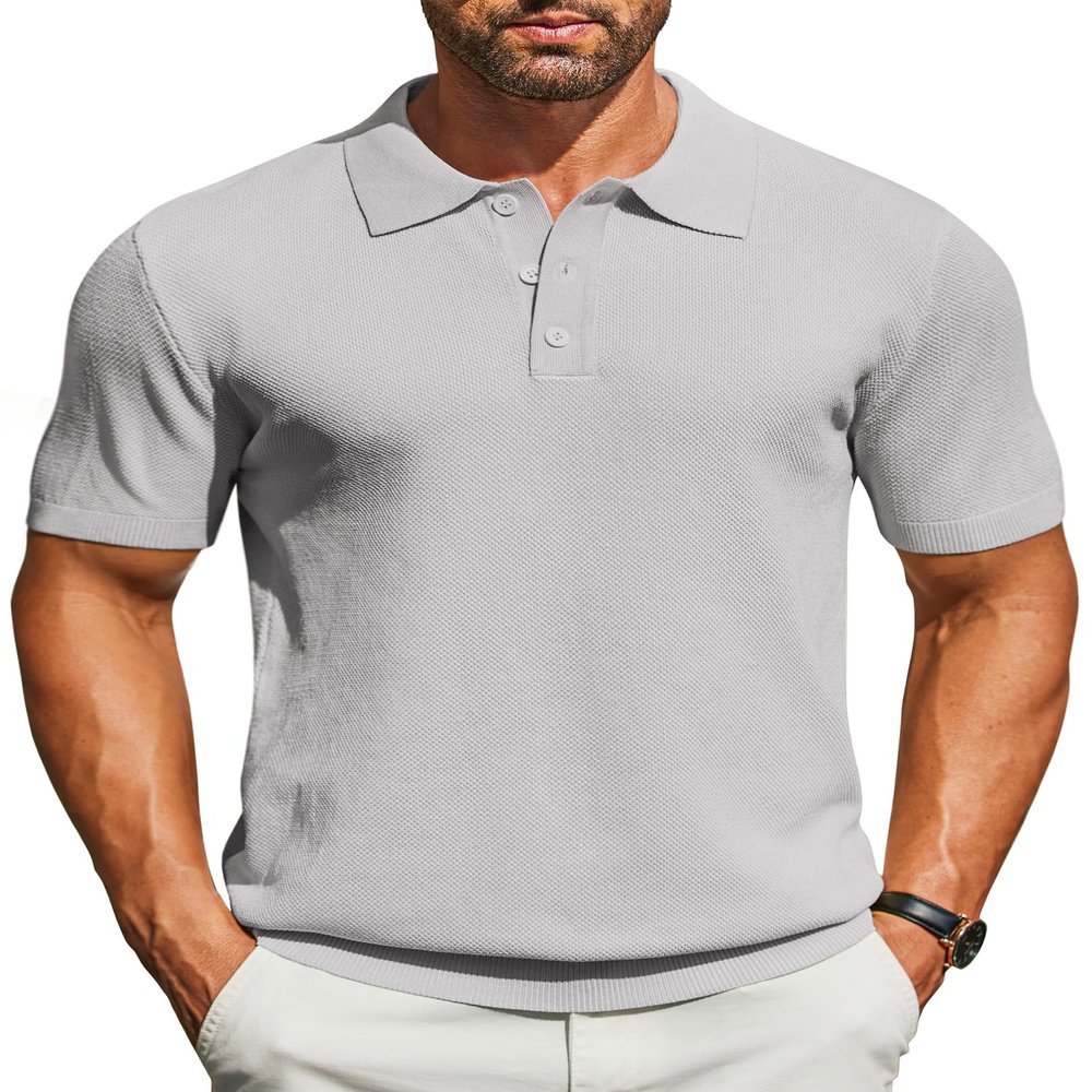 COOFANDY Mens Knit Polo Shirts Short Sleeve Casual Polo Shirts Golf Summer Lightweight Shirt Grey