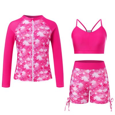 Funnycokid Girls Swimsuits Size 9-10 Bathing Suit Swimwear Boyshort Zip Rash Guard Set Pink Mermaid Bikini Long Sleeve 3 Piece