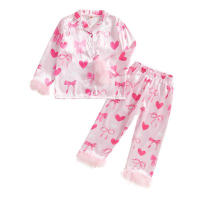 Twopumpkin Toddler Girl Valentines Day Satin Silk Pajamas 2 Piece Pajama Set Little Kid Girls Pjs Nightgown Outfit (Valentines Love Heart Bow Pink, 4-5 Years)