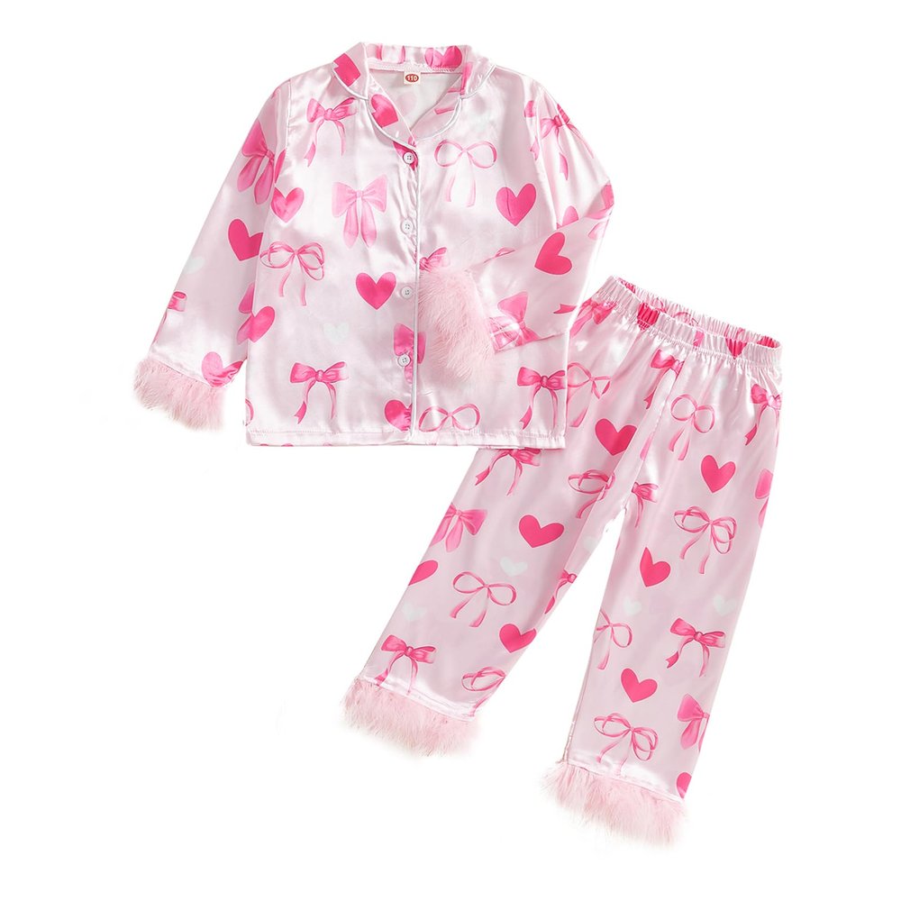 Twopumpkin Toddler Girl Valentines Day Satin Silk Pajamas 2 Piece Pajama Set Little Kid Girls Pjs Nightgown Outfit (Valentines Love Heart Bow Pink, 4-5 Years)