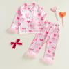 Twopumpkin Toddler Girl Valentines Day Satin Silk Pajamas 2 Piece Pajama Set Little Kid Girls Pjs Nightgown Outfit (Valentines Love Heart Bow Pink, 4-5 Years) view 3
