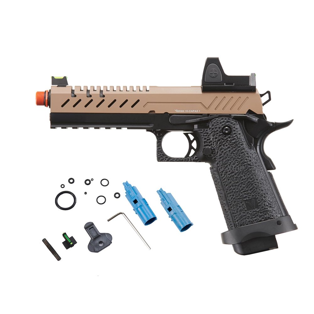Vorsk Steel CNC Airsoft Hi-Capa 5.1 Gas Blowback Pistol w/Red Dot Sight (Black/Tan)