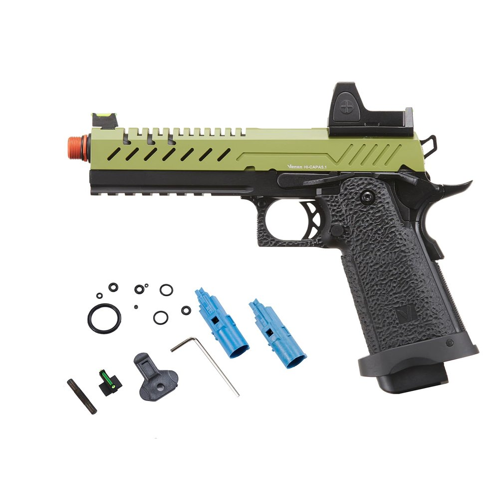 Vorsk Steel CNC Airsoft Hi-Capa 5.1 Gas Blowback Pistol w/Red Dot Sight (Black/Green)