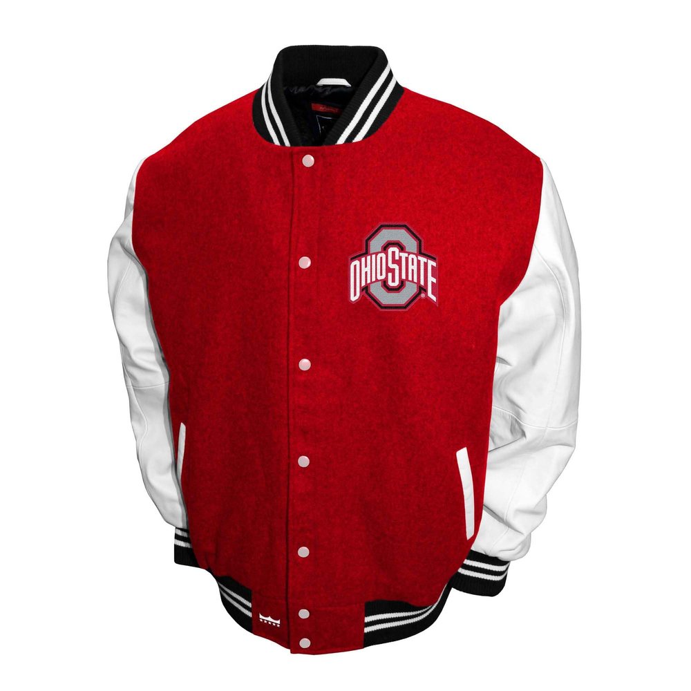 2Bhip NCAA Ohio State Buckeyes Adult Red Mens College Graduate Letterman Wool with Leather Sleeves Coat Jackets