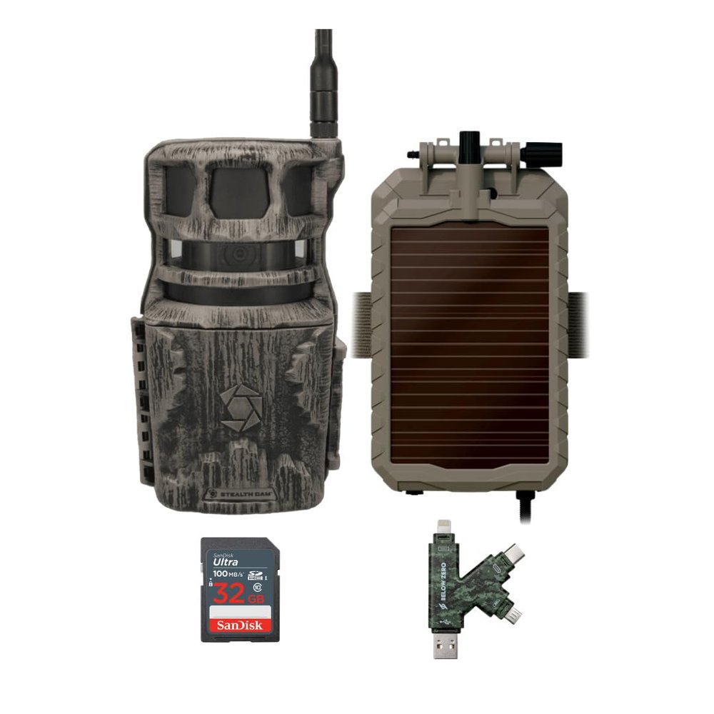 Stealth Cam Revolver 40MP Pro 360 Degree Cellular Trail Camera Bundle with Lithium Solar Power Panel, 32GB Ultra SDHC UHS-I Memory Card, and Hi-Speed SD USB 2.0 Card Reader (4 Items)