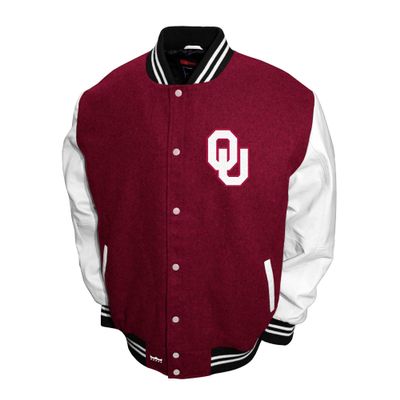 2Bhip NCAA Oklahoma Sooners Adult Red Mens College Graduate Letterman Wool with Leather Sleeves Coat Jackets