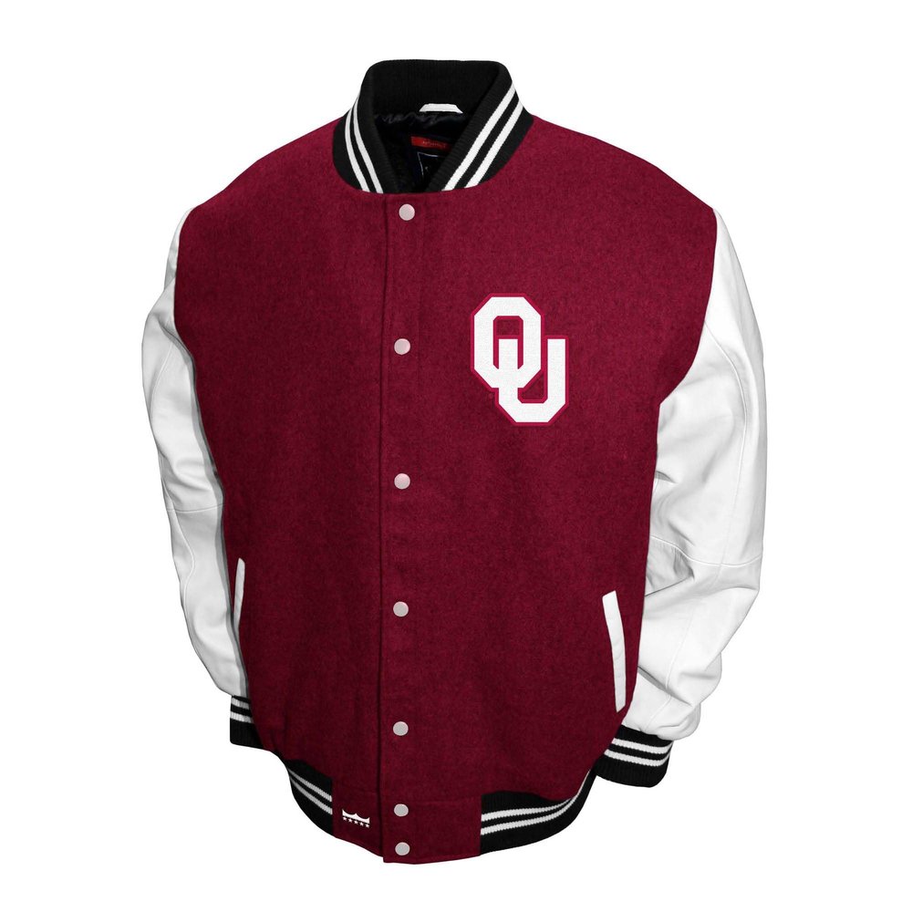2Bhip NCAA Oklahoma Sooners Adult Red Mens College Graduate Letterman Wool with Leather Sleeves Coat Jackets