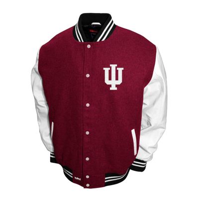 2Bhip NCAA Indiana Hoosiers Adult Red Mens College Graduate Letterman Wool with Leather Sleeves Coat Jackets