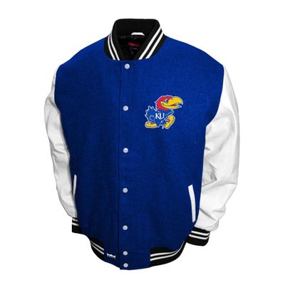 2Bhip NCAA Kansas University Adult Blue Mens College Graduate Letterman Wool with Leather Sleeves Coat Jackets