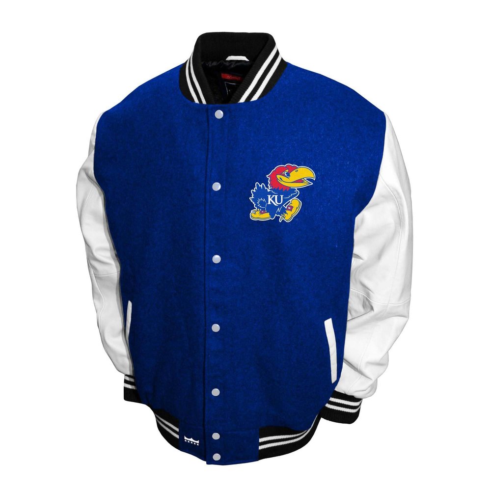 2Bhip NCAA Kansas University Adult Blue Mens College Graduate Letterman Wool with Leather Sleeves Coat Jackets