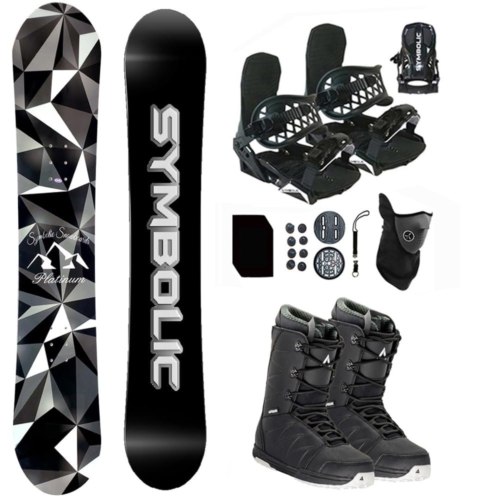Symbolic Platinum Airtracks Men Snowboard & Bindings & Boots & Leash & Stomp & Gaiter Complete System Package Freeride Freestyle (145 cm, 10 Men(Eu43) at BLK+BLK Binding)