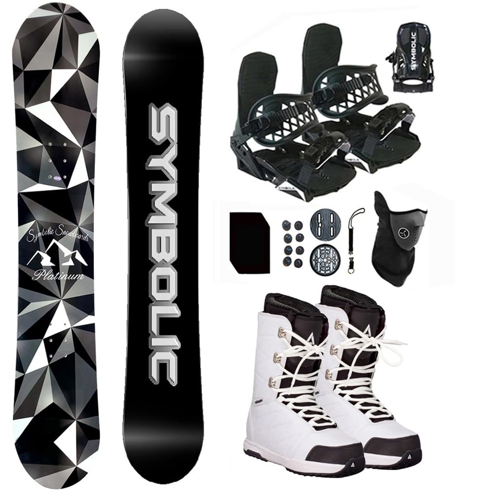 Symbolic Platinum Airtracks Men Snowboard & Bindings & Boots & Leash & Stomp & Gaiter Complete System Package Freeride Freestyle (150 cm, 6 Men/Kid(Eu38) at White+BLK Bindg)