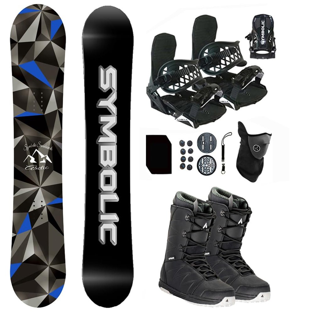 Symbolic Arctic Airtracks Men Snowboard & Bindings & Boots & Leash & Stomp & Gaiter Complete System Package Freeride Freestyle (150 cm, 8.5 Men(Eu41) at BLK+BLK Binding)