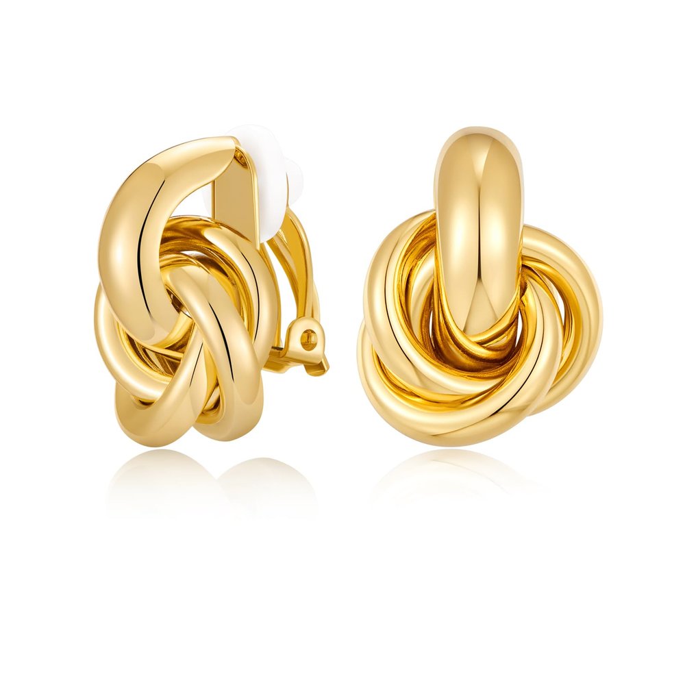 FILMOON Gold Geometric Clip On Earrings for Women 18K Gold Plated Chunky Earring Trendy Knot Stud Small Twisted Link Clip Earrings