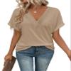 EyMuse Women V Neck T Shirts Cute Basic Short Sleeve Tops Fashion Loose Fit Blouses Summer Basic Tees 2025 Khaqi,S view 1