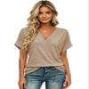 EyMuse Women V Neck T Shirts Cute Basic Short Sleeve Tops Fashion Loose Fit Blouses Summer Basic Tees 2025 Khaqi,S view 2