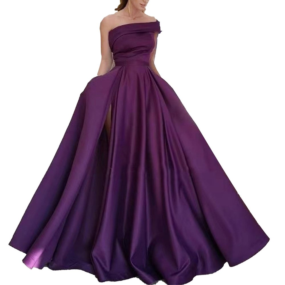 Women's Split Hem Elegant Maxi Dress Sleeveless Slim Fit Cocktail Party Dress One Shoulder Solid Satin Dresses (Purple,XX-Large)