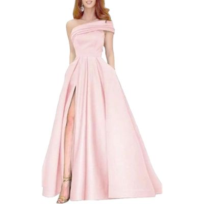 Women's Split Hem Elegant Maxi Dress Sleeveless Slim Fit Cocktail Party Dress One Shoulder Solid Satin Dresses (Pink,Large)
