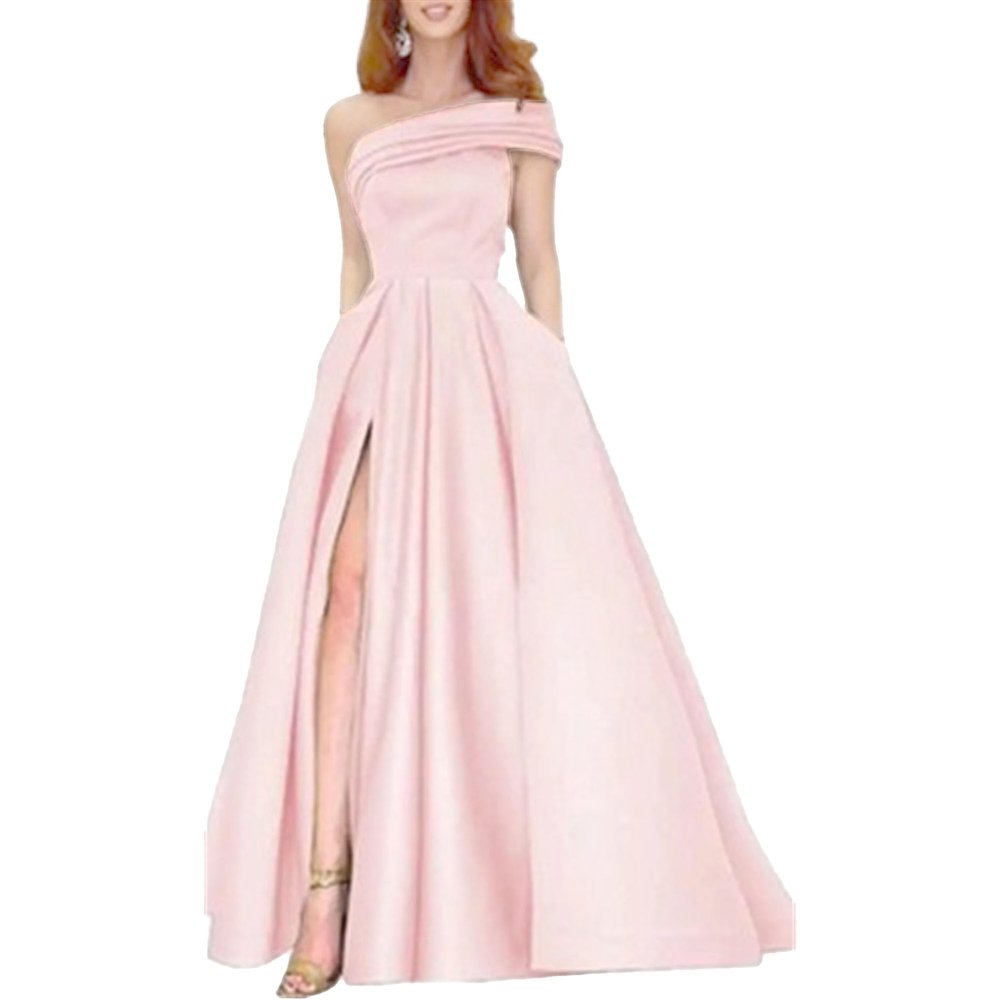 Women's Split Hem Elegant Maxi Dress Sleeveless Slim Fit Cocktail Party Dress One Shoulder Solid Satin Dresses (Pink,Large)