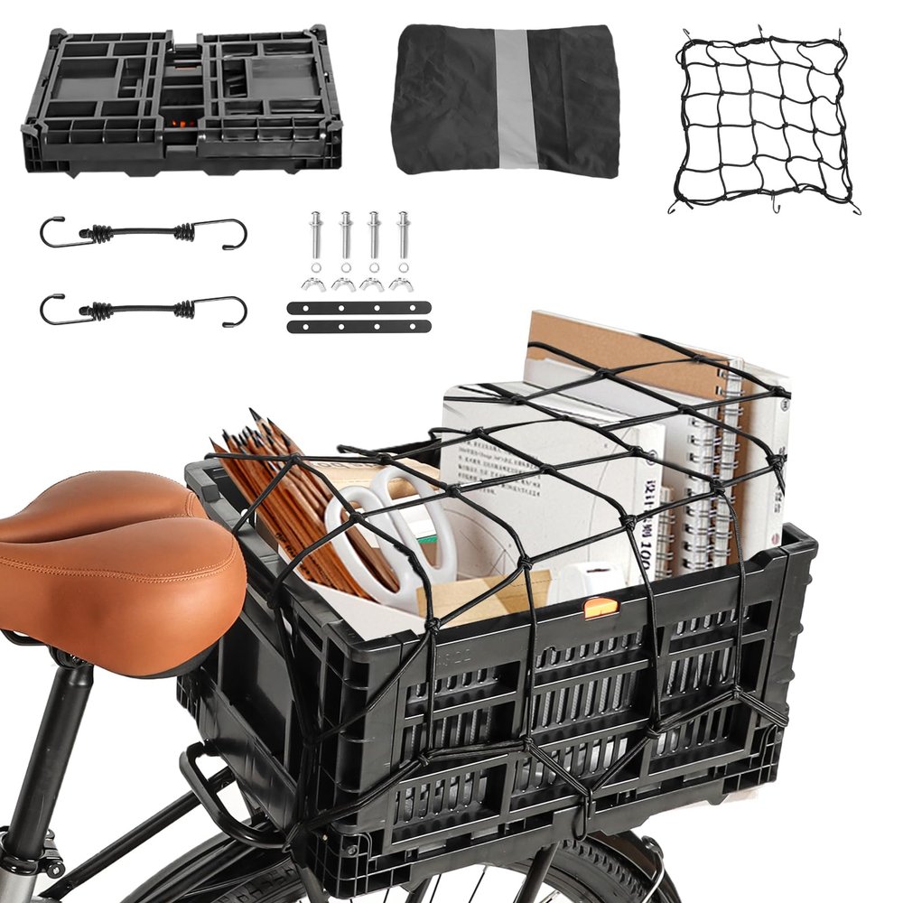 BEEYEO Rear Bike Basket, Foldable Bicycle Rear Basket, Large Capacity Bike Storage Rear Basket, Universal Bike and Electric Bike Rear Basket with Waterproof Cover, Cargo Net, Easy to Install