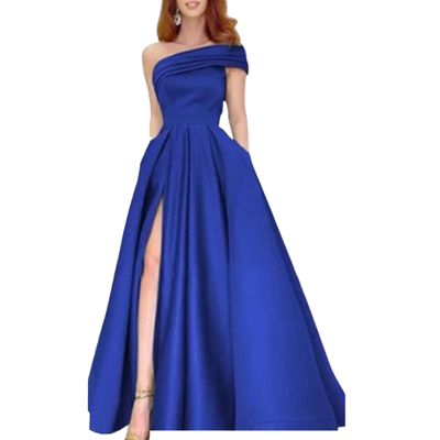 Women's Split Hem Elegant Maxi Dress Sleeveless Slim Fit Cocktail Party Dress One Shoulder Solid Satin Dresses (Blue,Small)